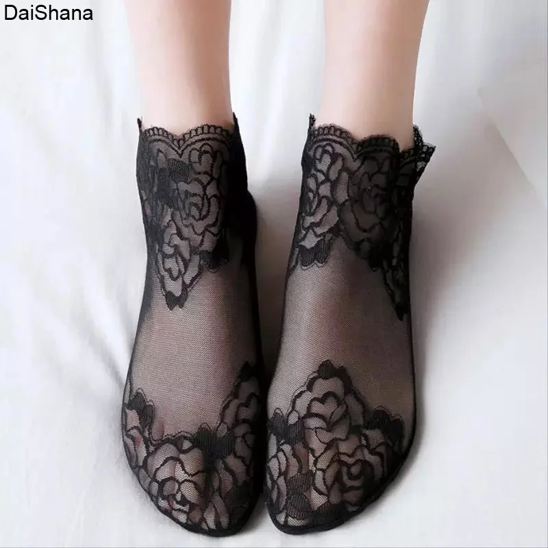 5Pairs/lot Silk Socks Women Embroidery Crew Cotton Colorful Thin Skin Women Sock Elasticity Ankle Net Yarn Thin Women Cool Socks