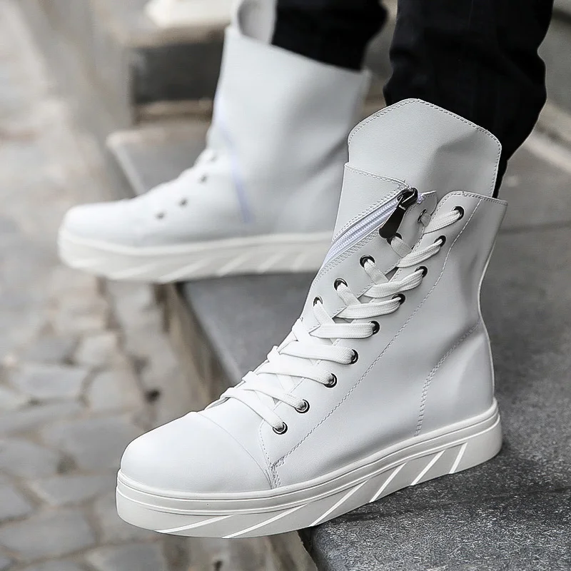 new Men 6 cm Height Increasing Platform Boots Back Zip Leather Shoes Male Mixed Colors Y3 High Top Black White Men\'s Boots