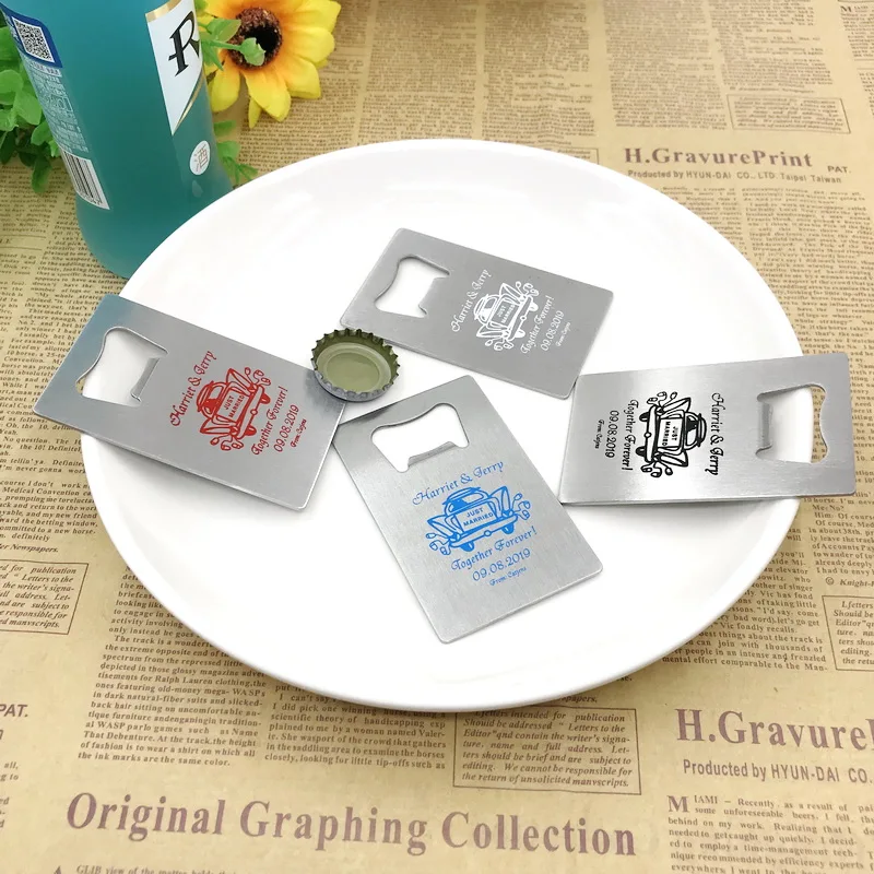 50PCS Personalized Stainless Steel Credit Card Bottle Opener Customized Wedding Favors Silver Beer Openers