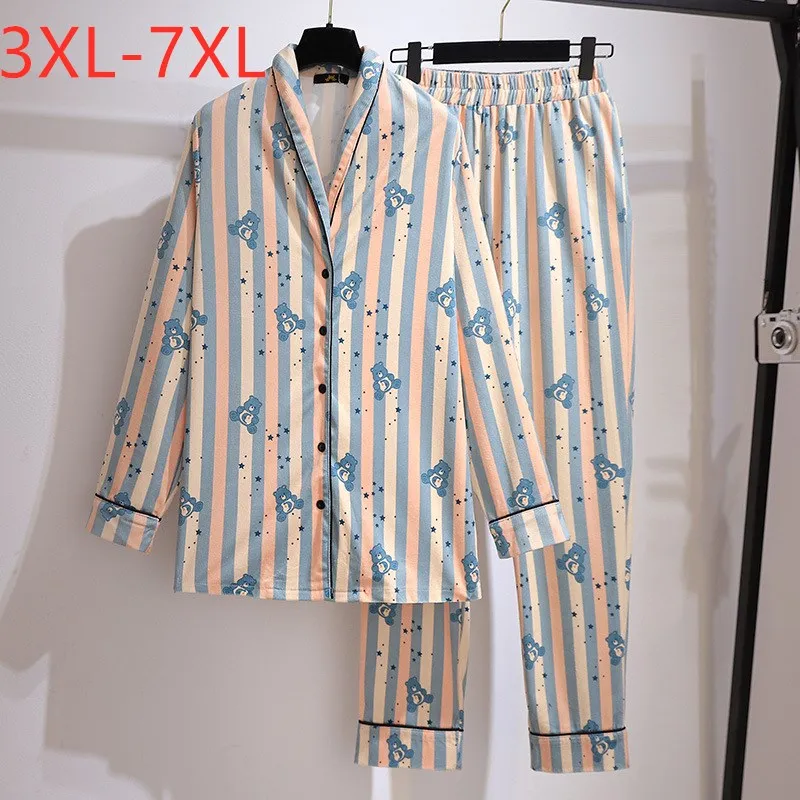 

New Autumn Winter Plus Size Women Clothing Pajamas Sets Large Loose Stripe Shirt And Pants Home Wear Suit 3XL 4XL 5XL 6XL 7XL