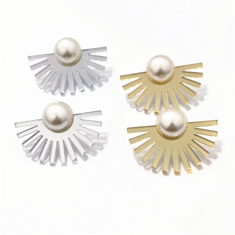 KUGUYS Fan Hollow Out Sunflower Imitation Pearl Stud Earrings for Women Acrylic Jewelry Fashion Trendy Mirror Gold Silver Color