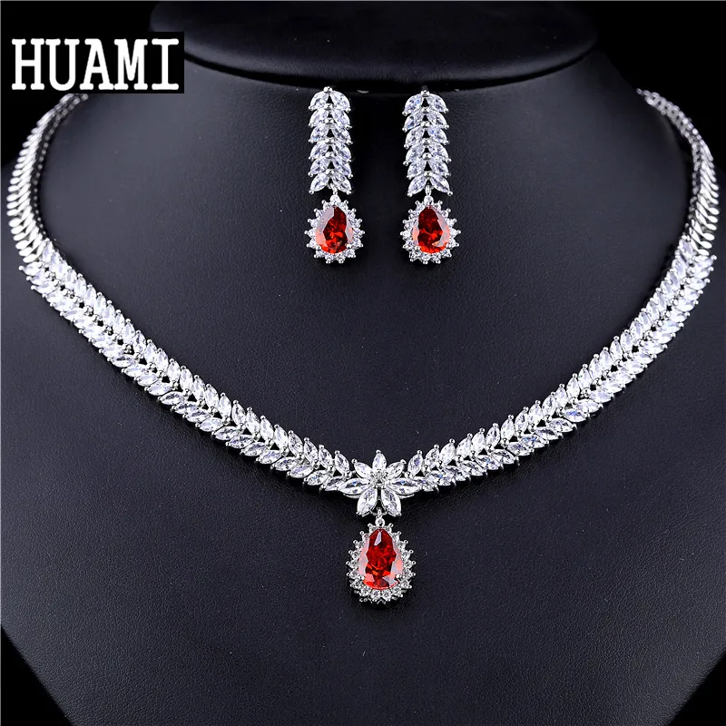 HUAMI Red Pendant Necklace Water Drop Earrings Sets Jewelry Making Accessories For Women Luxury Wedding Earring Bijoux