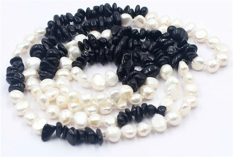 HABITOO 34inches Fashion 6-7mm White Pearl Black Gem Mix Necklace Handmade Knot Long Jewelry for Women Charming Gifts