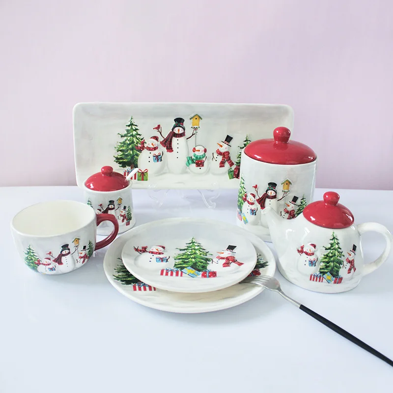 Nordic Village Christmas Snowman Bowl and Plate Tableware Set Embossed Rice Salad Bowl Western Style Ceramic Flat Ceramics Cup