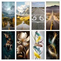 3D Modern Door Stickers 66 Road Scenery Wallpapers Self-Adhesive Flower Feather Poster Bedroom Decor Doors Cover Home Decor Film