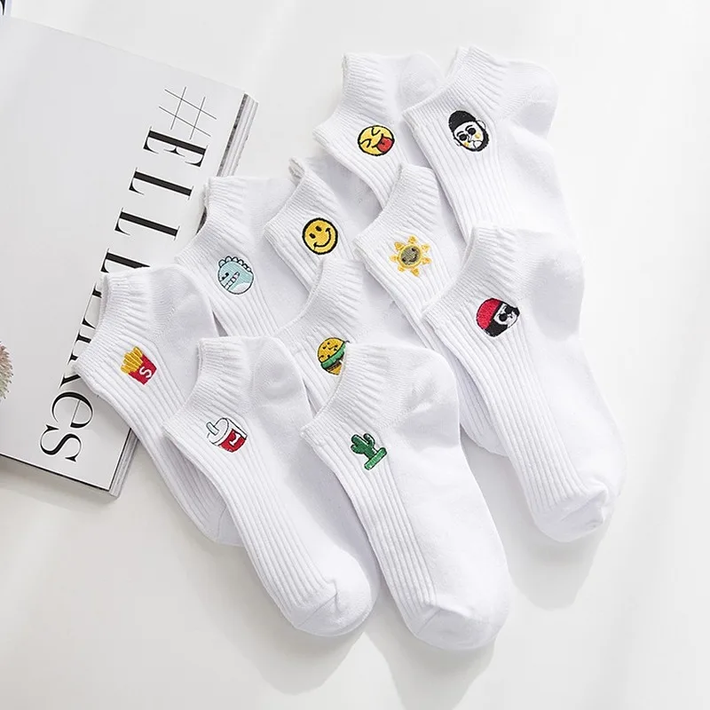 Harajuku Cute Embroidery Smiling Face Cactus Women Boat Socks Low But Cotton White Funny Kawaii Brand Gift for Girl Summer White