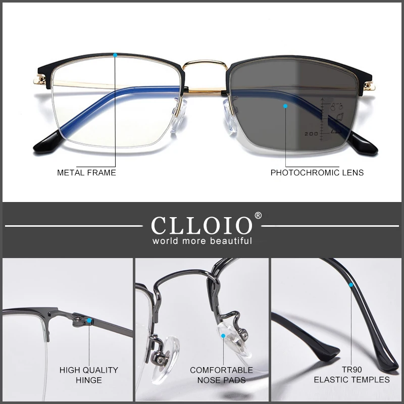 CLLOIO, gafas de lectura fotocromáticas de aleación de titanio, gafas multifocales progresivas para hombres y mujeres, gafas para hipermetropía antiluz azul