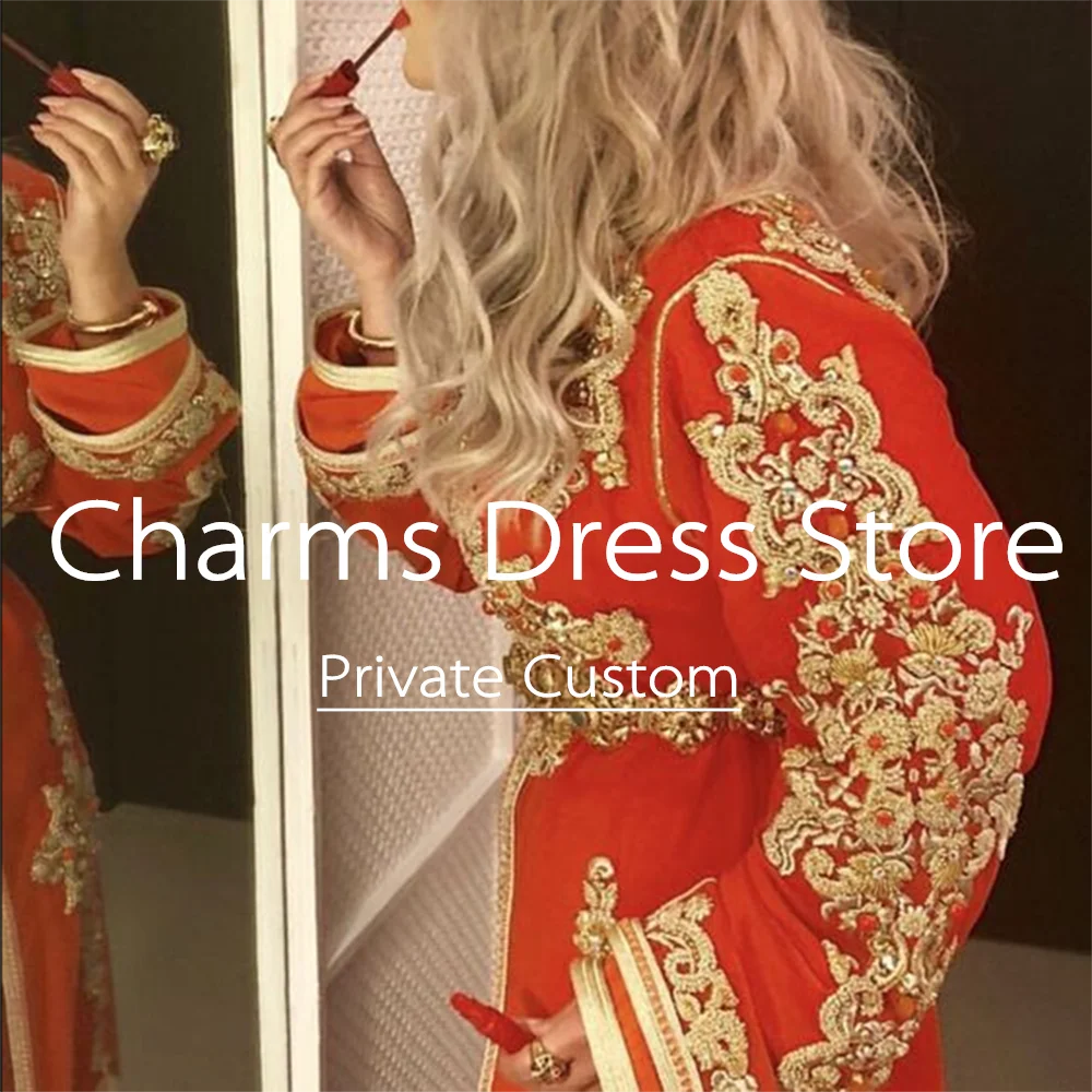 Laxsesu Orange Red Moroccan Caftan Evening Dresses Dubai Long Sleeves Party Prom Dress 2022 Sweep Train V-Neck Prom Gowns