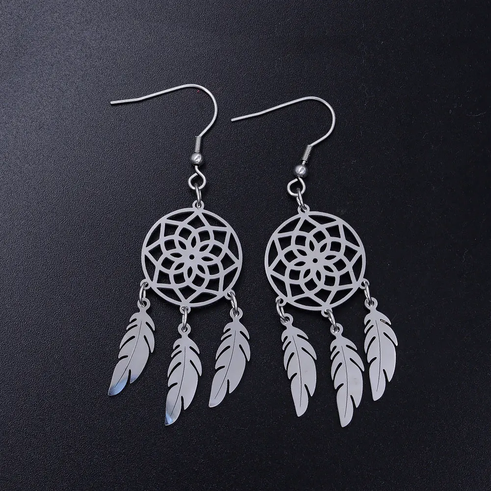 316 Stainless Steel Yoga Lotus Feather Dream catcher Unique Drop Earring for Women Boho Jewelry Earrings Dropshipping