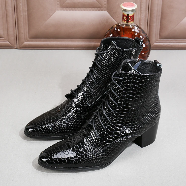 Winter Fashion Python Skin Men Boots Genuine Leather Ankle Boots Men Lace Up Boots Party Formal Dress Shoes