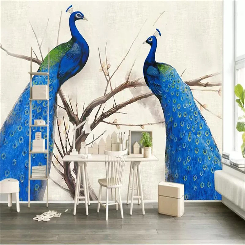 

Custom Mural Wallpaper Retro Style Blue Peacock Background Wall