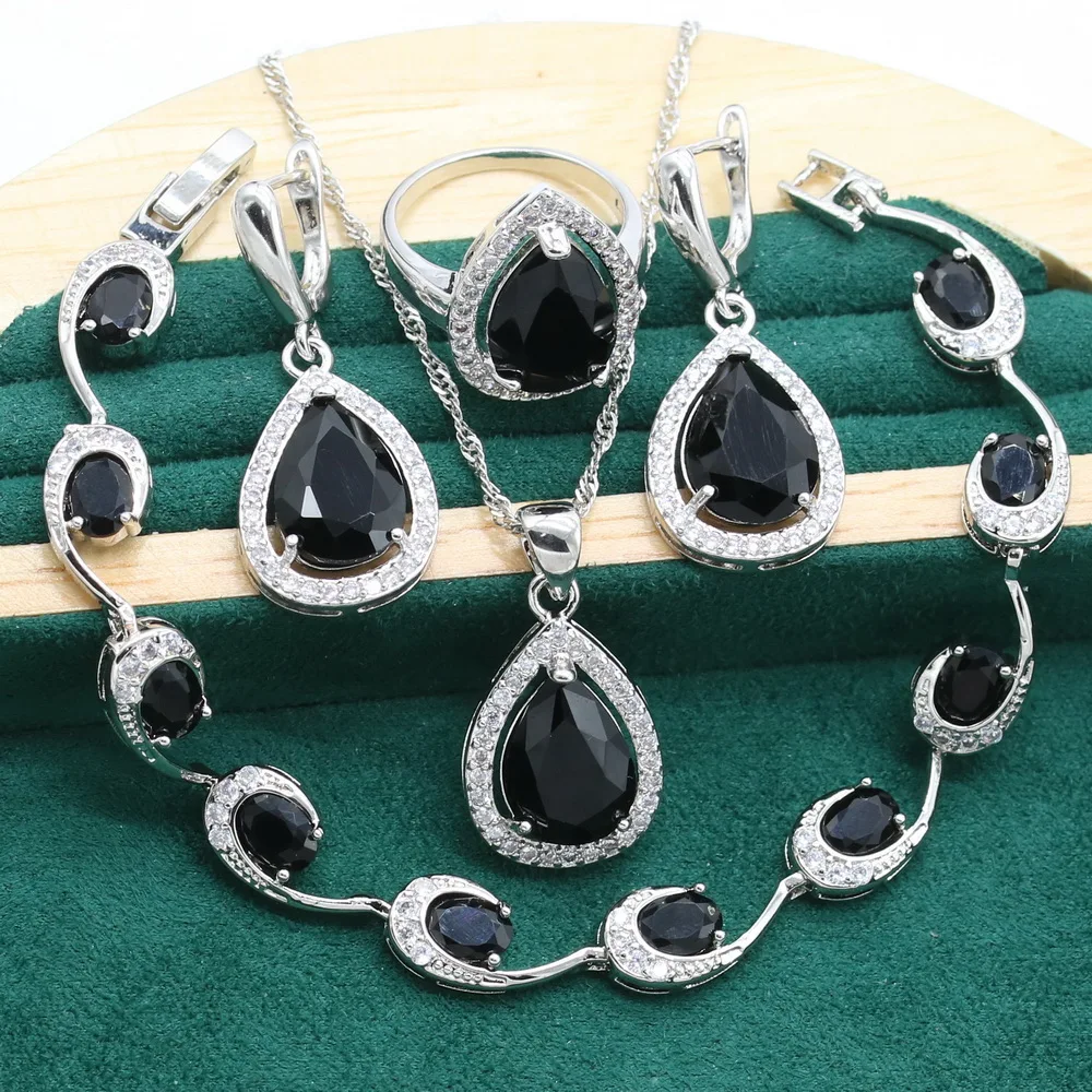 Classic 925 Sterling Silver Jewelry Sets For Women Wedding Black Blue Zircon Bracelet Earrings Necklace pendant Ring Box Gift