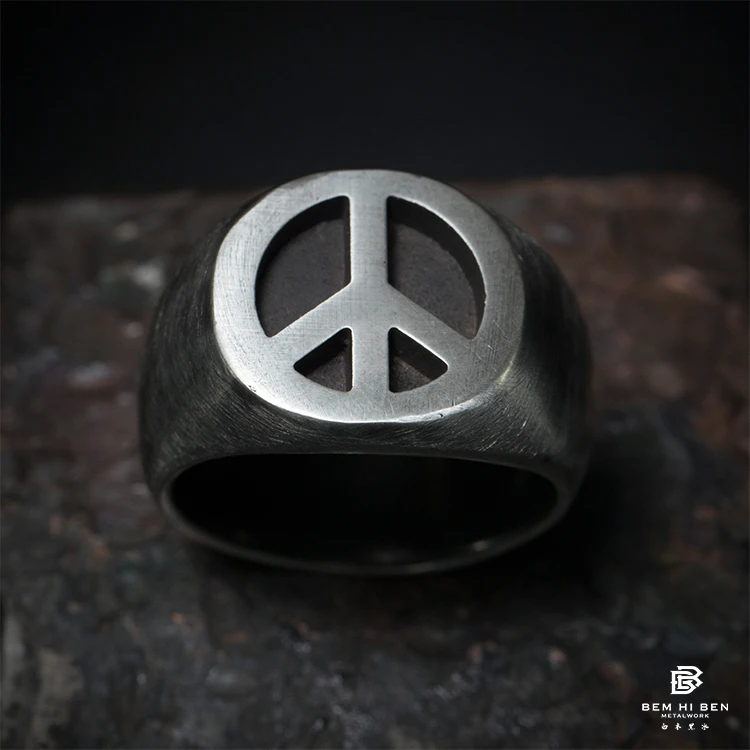 BEM HI  BEN punk Men's Women's peace symbol Ring 925 sterling silver Original design Hand made Biker customized engraving