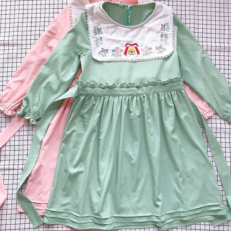 Mori weiche mädchen frische süße spitze bowknot bestickt quadrat kragen pilz hohe taille langarm kleid viktorianischen kleid kawaii