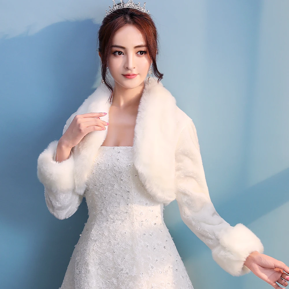 Women Ivory Winter Warm Faux Fur Wedding Bridal Shrug Elegant Long Sleeve Accessory Cape Lapel Collar Shawl Bolero Coat