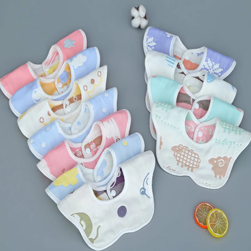 Muslin Baby Bibs para recém-nascido, pano de arto macio, saliva toalha, material aleatório, rotação de 360 graus, 6 camadas, bandana