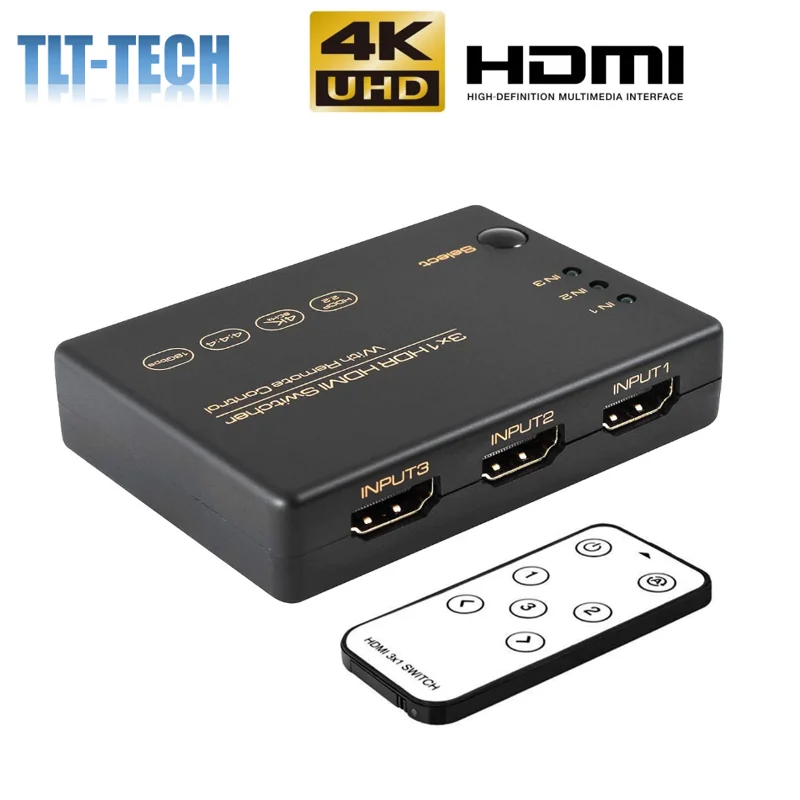 3-Port przełącznik HDMI 4K przełącznik HDMI er, Splitter, obsługuje 4K, pełne HD1080p, 3D z pilotem na podczerwień