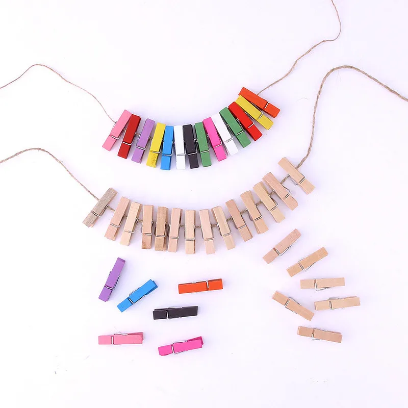 50Pcs/Set 35mm Mini Colorful Wooden Clips With 10M String Rope Photo Clamp DIY Craft Decoration Office Postcard Memo Paper Clips