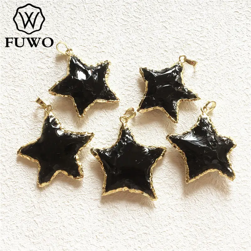 

FUWO Wholesale Natural Obsidian Pendant,Golden Plated Pentagram Crystal Accessories For Women Jewelry Making 5Pcs/Lot PD273