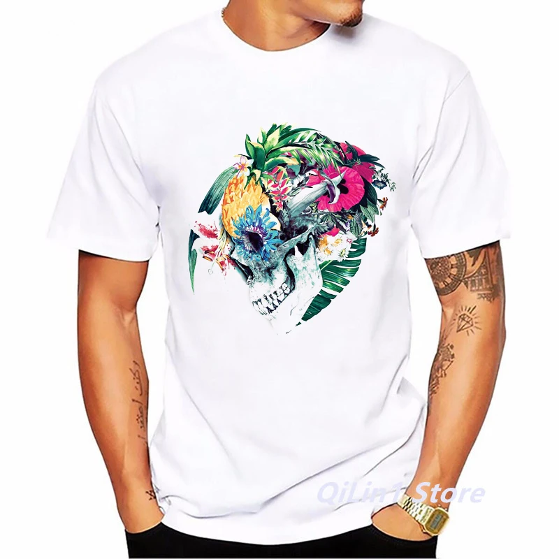 Men 2024 Summer Fashion Skull Flower Plant Print Short Sleeve Tshirt Male T-Shirt Homme Hip Hop T Shirt Geek Top Cool Streetwear