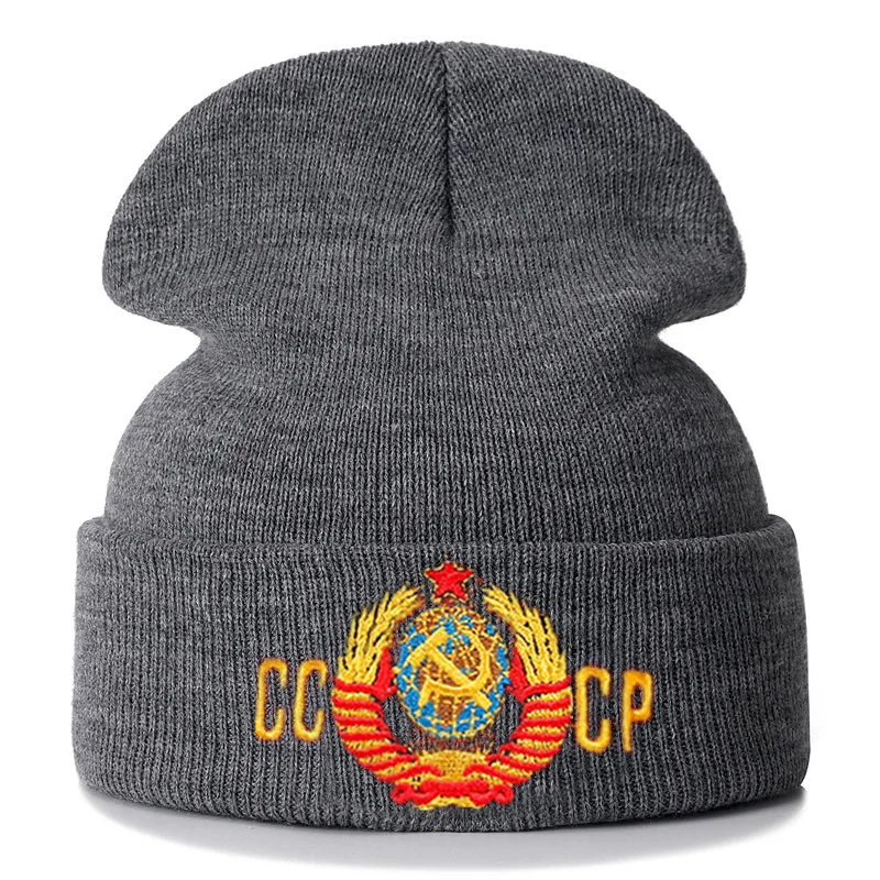 New Unisex Soviet National Emblem Beanie Casual Winter Hat For Men Women Warm Knitted Hat Solid Color CCCP Beanie Hat