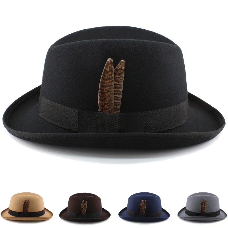 Men Women Wool Blend Classical Retro Homburg Hats Feather Band Fedora Caps Trilby Sunhat Jazz Winter Warm Adjustable Size M-L