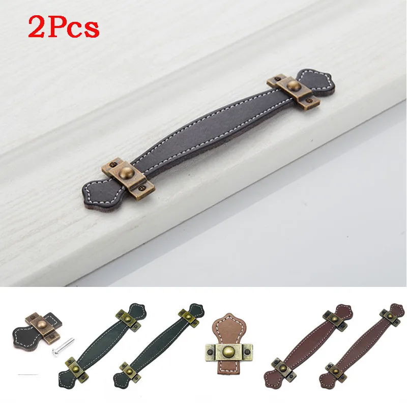 2Pcs Vintage Leather Furniture Knobs 96mm 128mm Style Soft Leather Handle And Knobs Chest Drawer Suitcase Handle With Screws