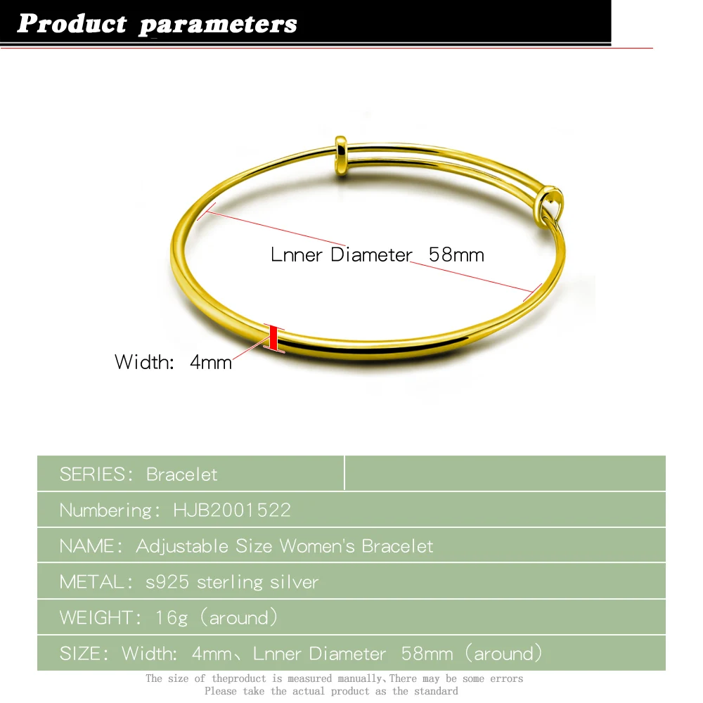 Classic Simplicity Smooth Bohemia Push Pull Scaling Bracelet Bangle Adjustable Size Gold Bracelets For Women 925 Silver Jewelry