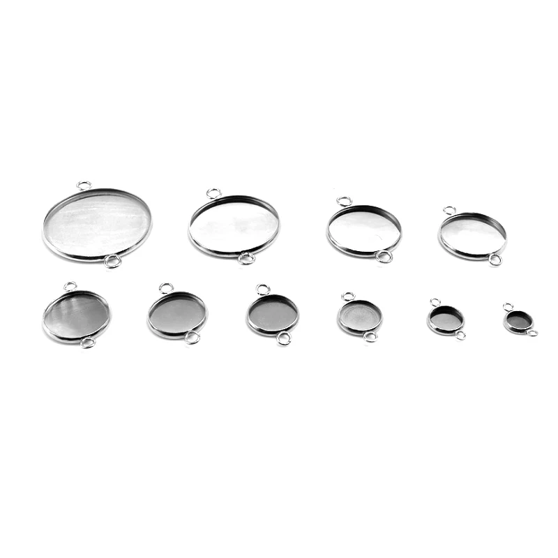 20pcs/lot Fit 6/8/10/12/14/16/18/20/25/30mm Two Holes Hanging Stainless Steel Cameo Cabochon Base Setting for DIY Jewelry Making