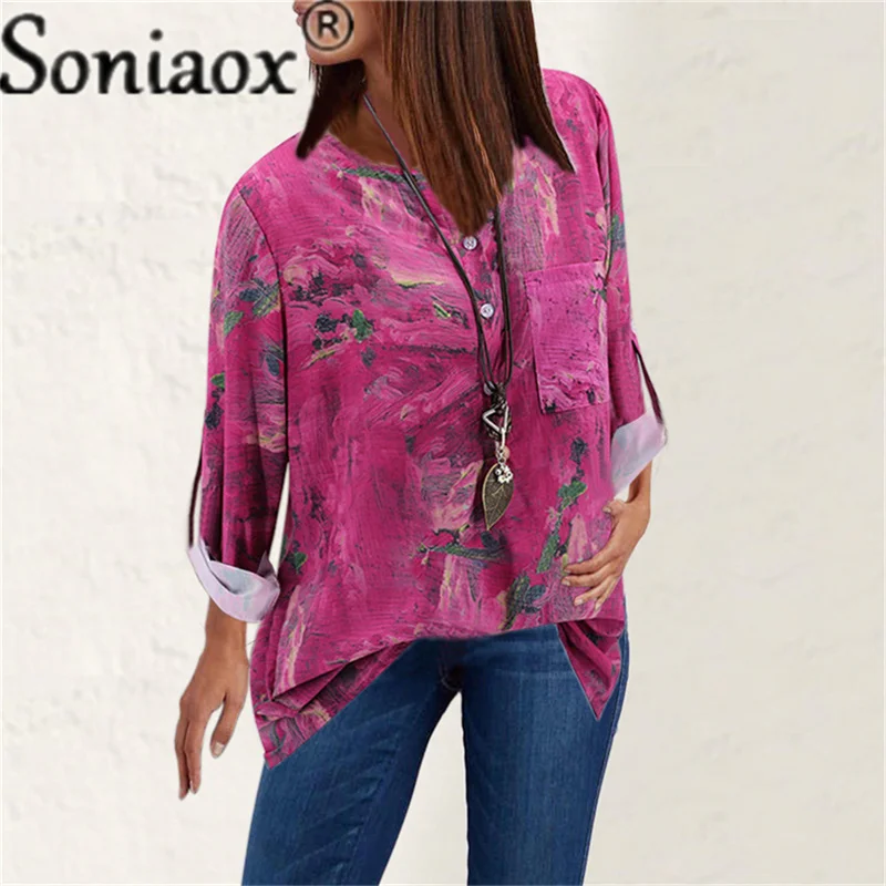 Gravata tintura impresso camisa 2021 outono feminino solto manga longa com decote em v topo casual botões camisa senhoras rua vintage blusa