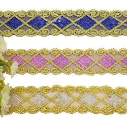 9 Yard Gold Embroidered Lace Appliques Sequined Lace Ribbon Band Sewing Apparel Trims Sequin Belt Squared Floral 2''