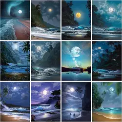 CHENISTORY Painting By Number Kits For Adults Handpainted Moon Scenery Diy Coloring By Number Night View 40*50 Frame Home Decora
