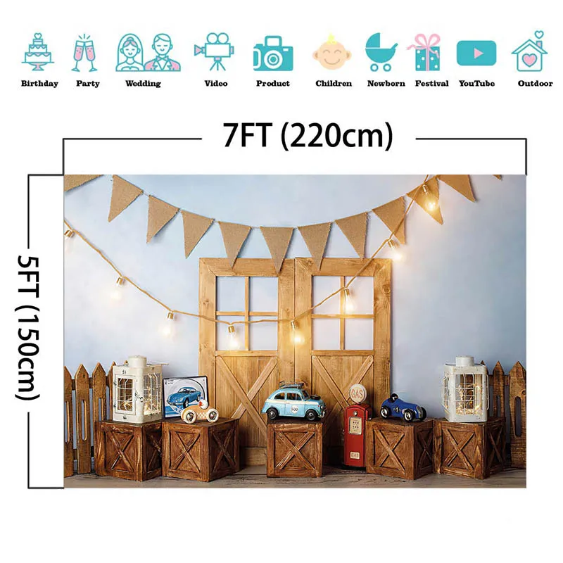 ของเล่นรถ Theme ถ่ายภาพพื้นหลังอาบน้ำทารกแรกเกิดฉากหลังไม้กล่องประตู Decor แบนเนอร์วันเกิดเค้ก Smash Photocall