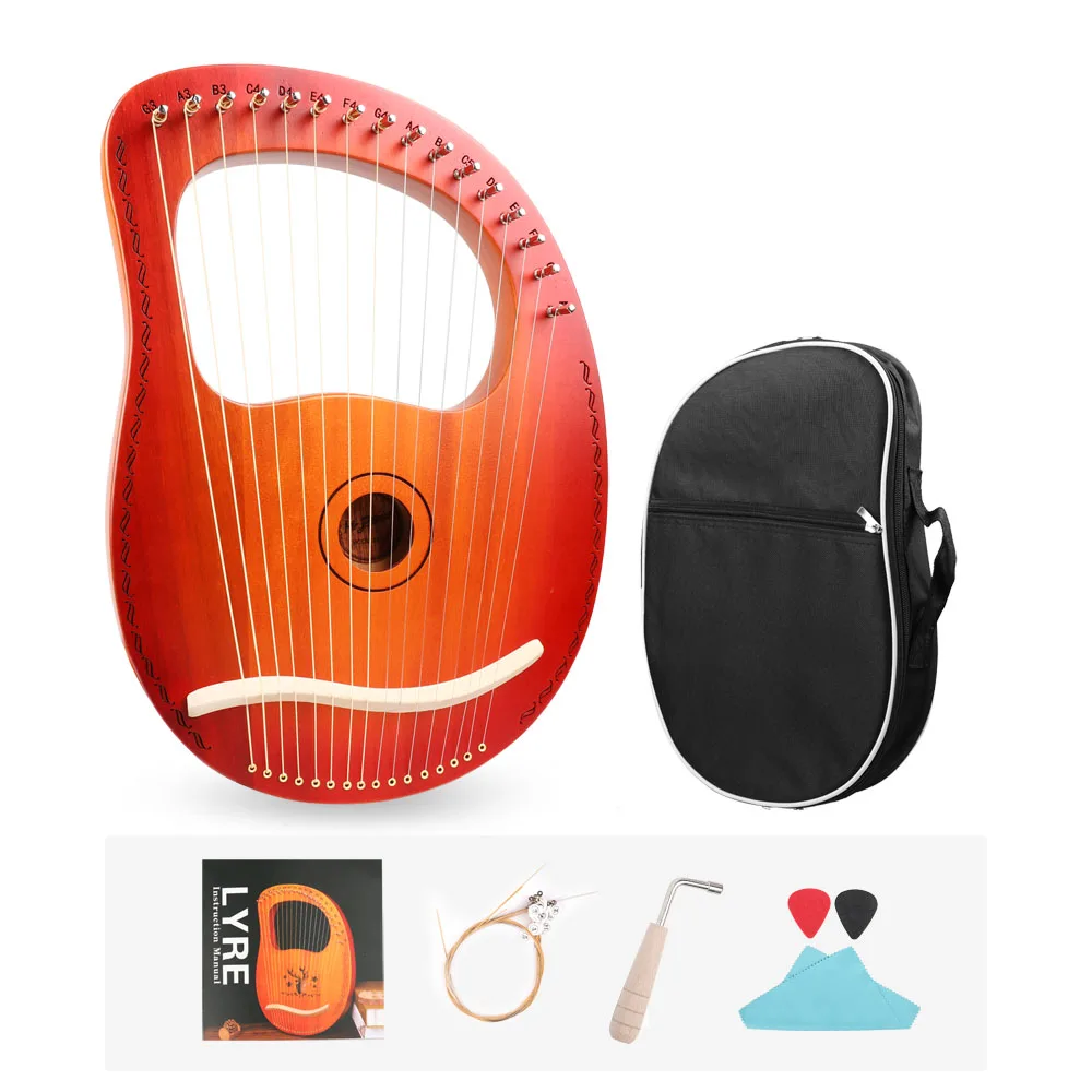 

16-String Wooden Lyre Harp with Tuning Wrench Carry Bag Spare Strings Picks Body String Instrument for Gift Children Beginner