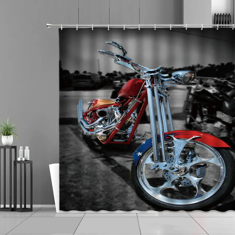 Retro Motorcycle Shower Curtains Classic Racing Car Pattern Waterproof Bathroom Curtain Extreme Sport Art Home Decor Wall Cloth