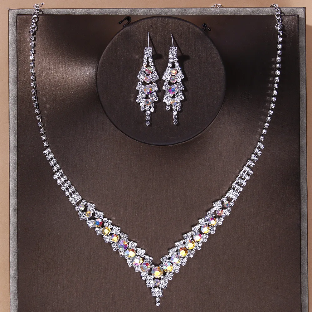 BLIJERY Multicolor Crystal Rhinestone Wedding Jewelry Set for Women V Shape Choker Necklace Earrings Bridal Jewelry Set