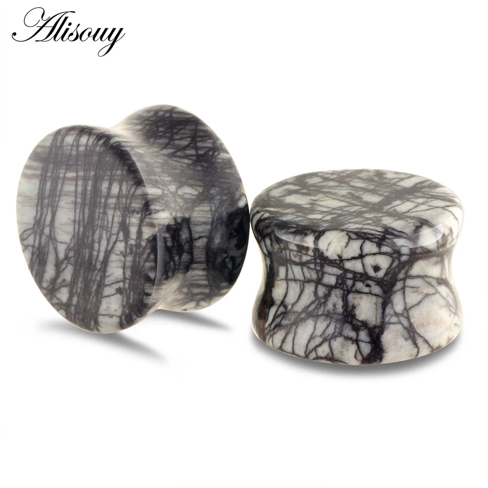 Alisouy 2PCS Stone Ear Tunnel Plugs Mixed Styles Double Flared Ear Flesh Gauges Piercing Ear Expander Stretcher Unisex Jewelry