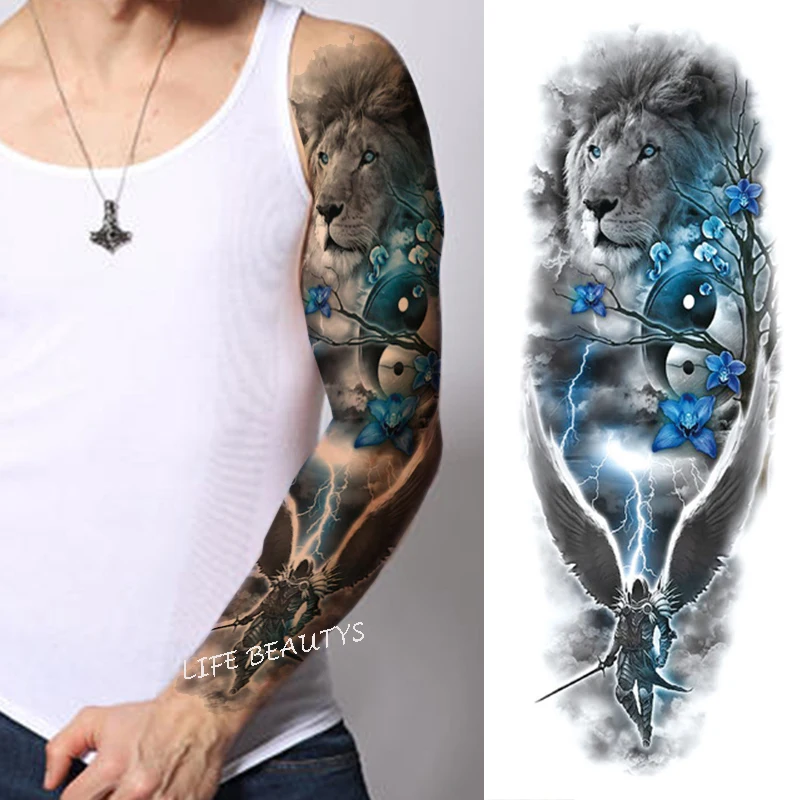 Waterdichte Tijdelijke Volledige Arm Tatoeages Mannen Vrouwen Cool Been Art Zwarte Vis Dragon Skull Mouw Grote Nep Sticker Glitter Stijl