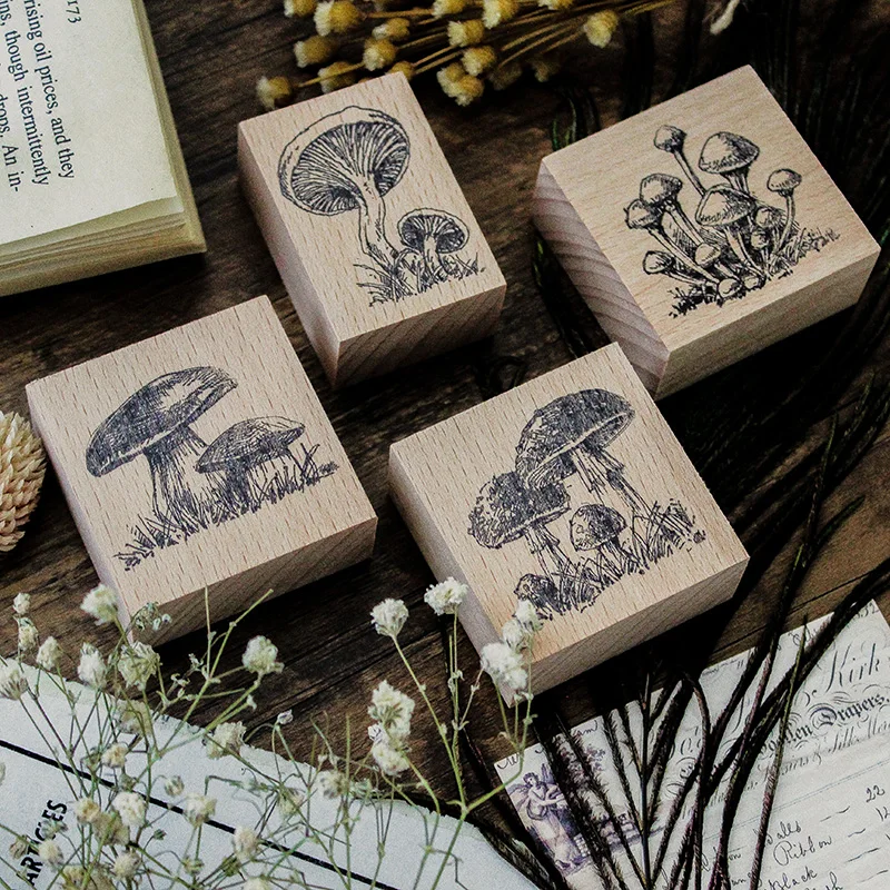 Mushroom Plant Wood Seal DIY Hand Account Decoration Solid Wood Stamps Diary Wedding Invitation Card DIY Seal Chop