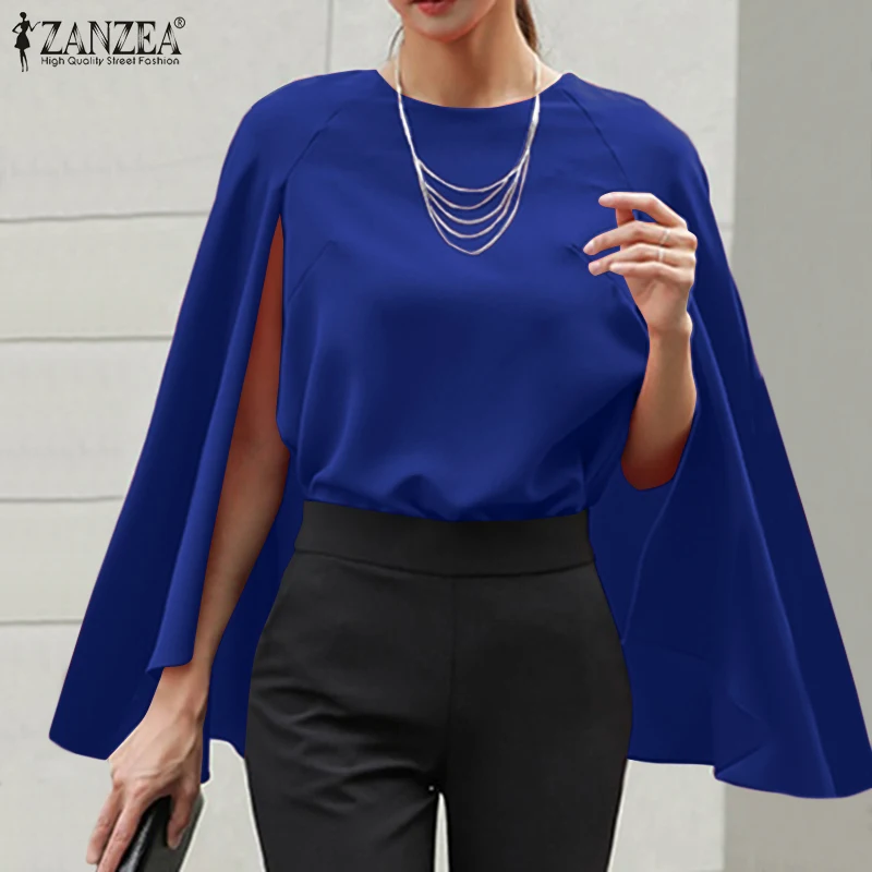 ZANZEA Elegant Autumn Women Blouse Casual O Neck Loose Cloak Cape Tops Fashion Solid Poncho Shirt Work Blusas Streetwear Chemise