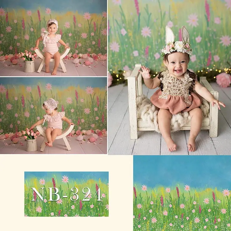 

Spring newborn baby backdrop for photography green grass oil painting background for photo studio flower rabbit vinyl floor prop