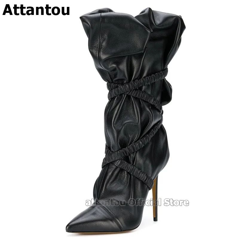 New Designer Pleated Women Boots Thin High Heels Pointed Toe Cross-Tied Black Fashion Pointy Booties Women Zapatos Mujer Size 45