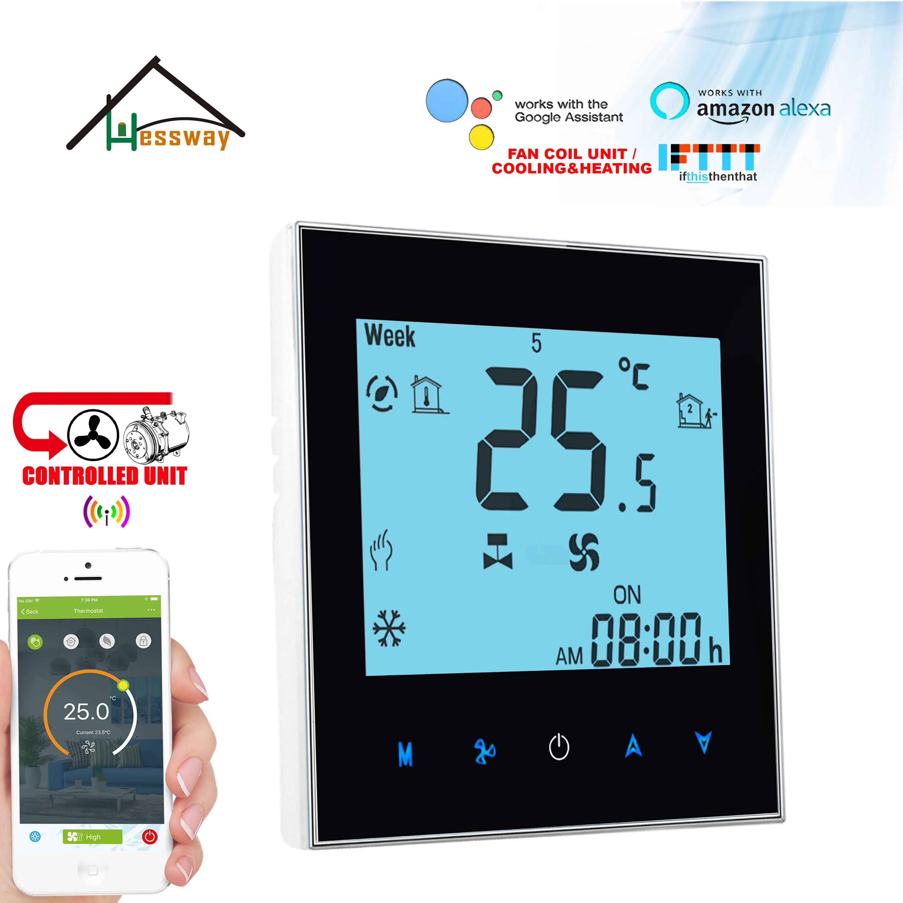 

HESSWAY Fan Compressor Thermostat for Delay Smart TUYA WIFI 2 Pipe Valve Heating Cooling Temperature Controller