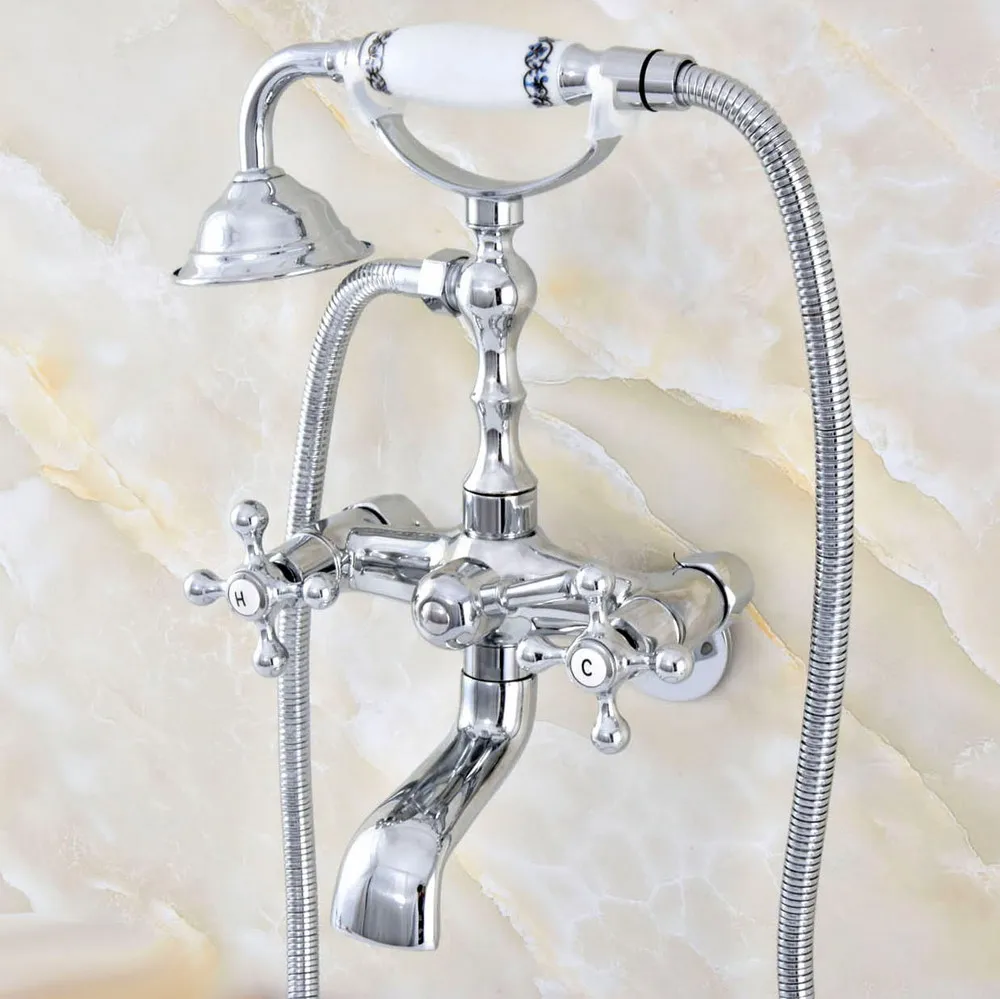 

3-3/8" Polished Chrome Bathtub Shower Faucets Set Dual Knobs Mixer Tap Wall Mounted Bath Shower Set Swivel Tub Spout zqg418