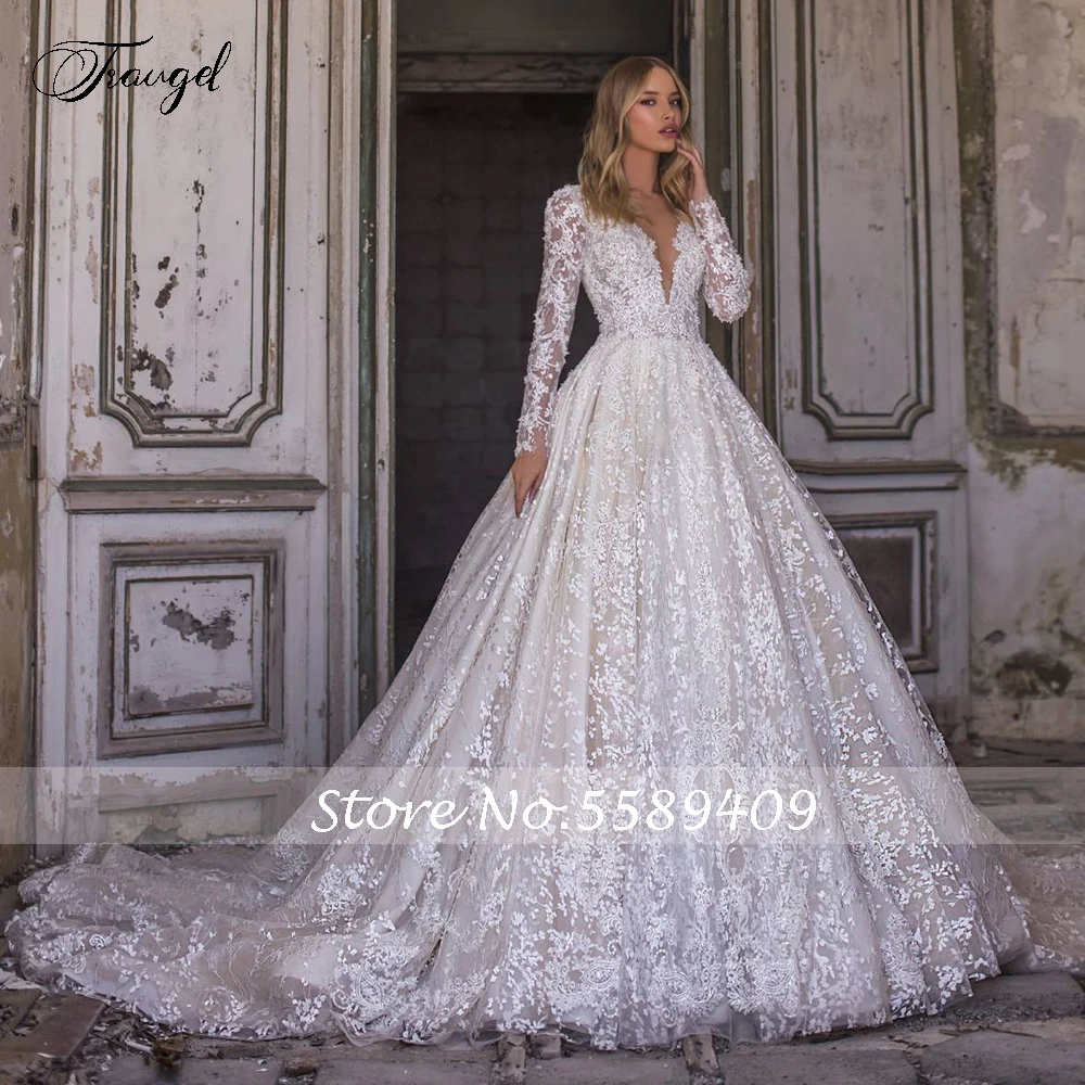 Traugel V Neck A Line koronkowe suknie ślubne elegancka aplikacja z długim rękawem Zipper Bride suknie kaplica pociąg suknie ślubne Plus rozmiar