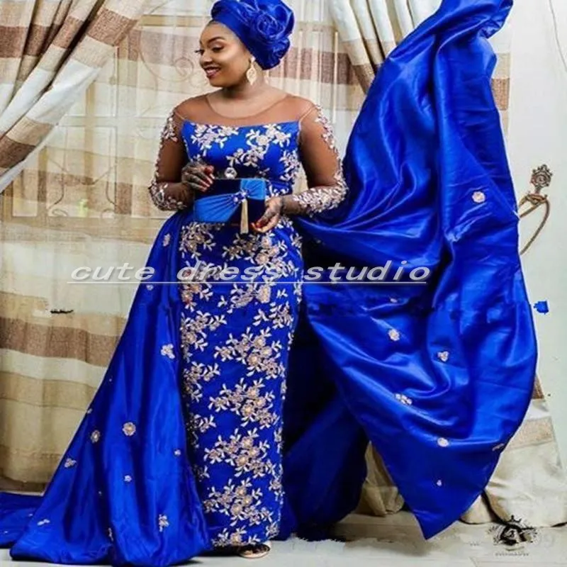 Robe de soirée nigériane bleu Royal, tenue de bal, grande taille, avec traîne amovible, vêtement de mariage, 2021