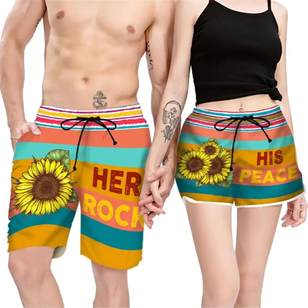 Couple Matching - His Peace And Her Rock Printed Shorts Unisex Elastic Waist Shorts Summer Beach Harajuku Casual Cool Shorts