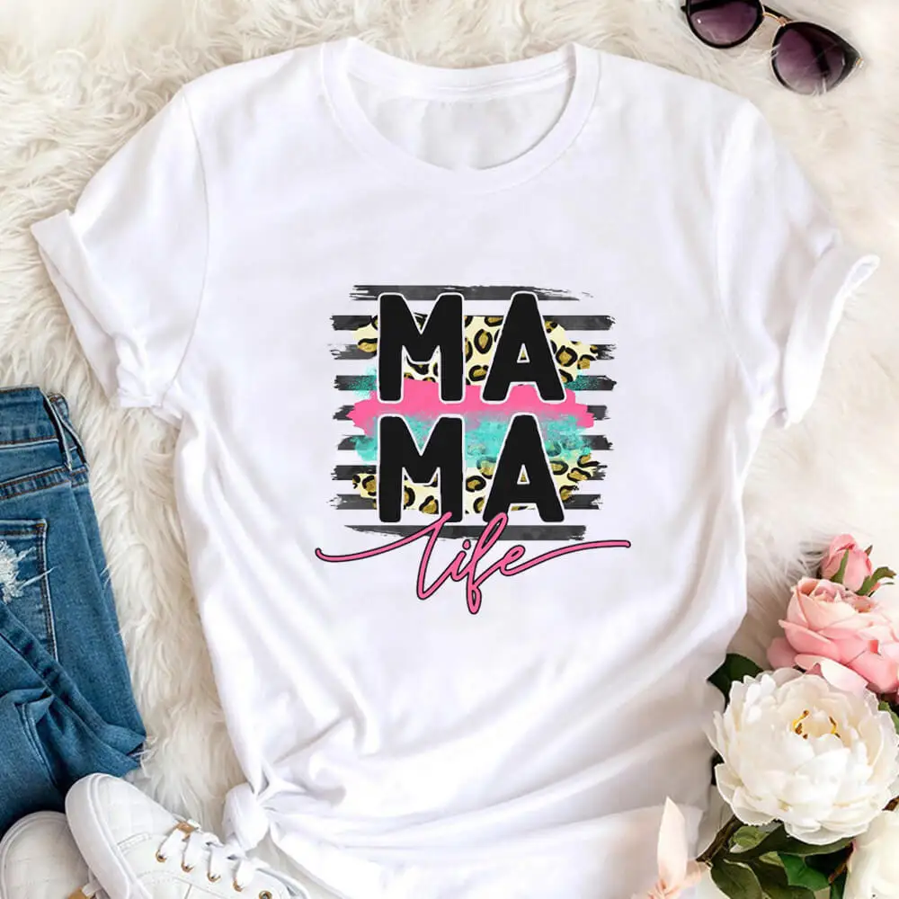 

MaMa Life 100%Cotton Leopard Colored Printed Women's Tshirt Mom Life Summer Casual O-Neck Short Sleeve Tops Mother's Day Gift