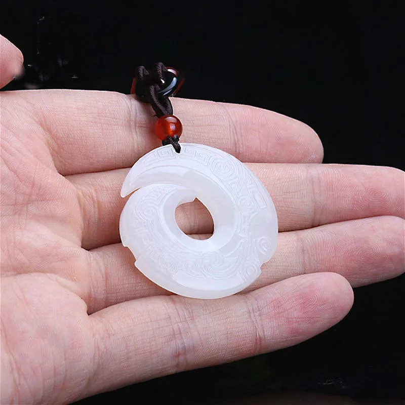 Natural White Jade Rune Pendant Necklace Double-Sided Hand-Carved Charm Jewelry Fashion Accessories Amulet for Men Women Gifts