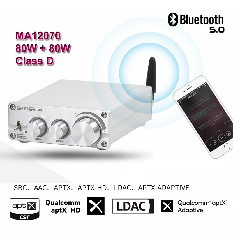 2*80 واط بلوتوث 5.0 LDAC QCC5125 إنفينيون MA12070 الصوت الرقمي الطاقة أمبير 2.0/2.1 مضخم للصوت HiFi مكبر صوت استيريو الفئة D Aux